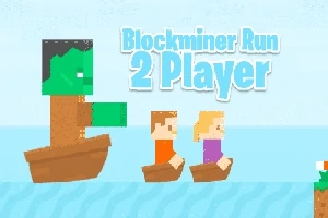 Hình ảnh cho thấy ba nhân vật pixelated trên thuyền đang trôi trên mặt nước, với chữ Blockminer Run 2 Player ở phía trên