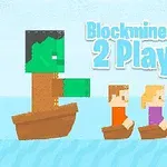 Hình ảnh cho thấy ba nhân vật pixelated trên thuyền đang trôi trên mặt nước, với chữ Blockminer Run 2 Player ở phía trên