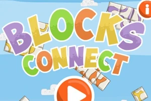 Chữ Blocks Connect nhiều màu trên nền xanh, bao quanh bởi các khối ghép và nút hình tam giác màu cam