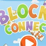 Chữ Blocks Connect nhiều màu trên nền xanh, bao quanh bởi các khối ghép và nút hình tam giác màu cam