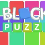 Chữ BLOCKS PUZZLE màu sắc nổi bật trên nền các ô vuông nhiều màu sắc