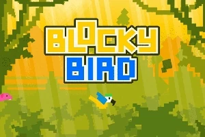 Hình ảnh một chú chim pixel màu xanh và vàng bay qua khu rừng với chữ Blocky Bird nổi bật phía trên