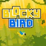 Hình ảnh một chú chim pixel màu xanh và vàng bay qua khu rừng với chữ Blocky Bird nổi bật phía trên