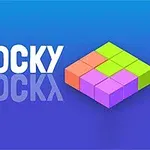 Chữ Blocky màu trắng với hình ảnh các khối vuông màu sắc rực rỡ bên phải trên nền xanh lam