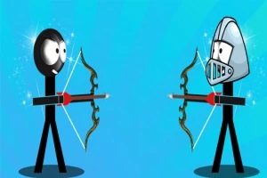 Hai nhân vật người que đối mặt, một người cầm cung tên và người kia đội mũ giáp, nền màu xanh