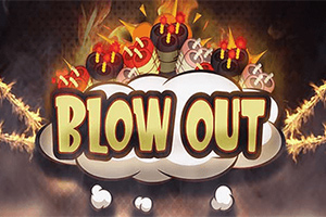 Hình ảnh có chữ BLOW OUT nổi bật trên một đám mây, xung quanh là các quả bom hoạt hình bùng nổ với ngọn lửa và tia lửa bay lên