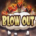 Hình ảnh có chữ BLOW OUT nổi bật trên một đám mây, xung quanh là các quả bom hoạt hình bùng nổ với ngọn lửa và tia lửa bay lên