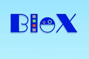 Logo chữ Blox màu xanh dương trên nền xanh với hình mặt cười và các ô vuông màu sắc