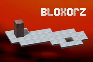 Bloxorz Một khối đá đứng trên nền gạch trắng với một lỗ hổng ở góc phải, trên nền đỏ, cùng chữ BLOXORZ ở góc phải phía trên
