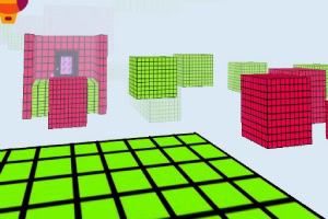 Các khối lập phương xanh lá và đỏ có vẻ ngoài giống Rubik trôi nổi trên nền trời xanh nhạt, với nền nhà hình ô vuông xanh lá