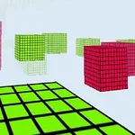 Các khối lập phương xanh lá và đỏ có vẻ ngoài giống Rubik trôi nổi trên nền trời xanh nhạt, với nền nhà hình ô vuông xanh lá