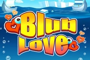 Chữ Blub Love lớn, màu vàng cam trên nền xanh dương với hình trái tim và mắt hoạt hình