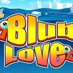 Chữ Blub Love lớn, màu vàng cam trên nền xanh dương với hình trái tim và mắt hoạt hình