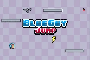 Logo BlueGuy Jump trên nền ô vuông tím nhạt với các hình ảnh của dơi, tia sét, quả táo, và các bệ xám