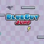 Logo BlueGuy Jump trên nền ô vuông tím nhạt với các hình ảnh của dơi, tia sét, quả táo, và các bệ xám