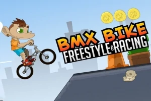 Một nhân vật hoạt hình đang thực hiện động tác nhảy bằng xe đạp BMX với ba đồng xu vàng phía trên và một biểu tượng hộp sọ bên cạnh tiêu đề BMX Bike Freestyle & Racing