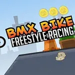 Một nhân vật hoạt hình đang thực hiện động tác nhảy bằng xe đạp BMX với ba đồng xu vàng phía trên và một biểu tượng hộp sọ bên cạnh tiêu đề BMX Bike Freestyle & Racing