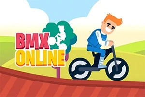 Hình ảnh một nhân vật hoạt hình đang điều khiển xe đạp trên con đường đồi núi, với chữ BMX ONLINE bên cạnh