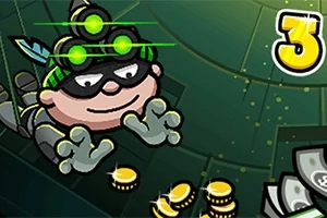 Bob the Robber 3 Một nhân vật hoạt hình đeo mặt nạ và đèn đeo trán đang thu thập đồng xu vàng trên nền màu xanh lá cây