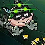 Bob the Robber 3 Một nhân vật hoạt hình đeo mặt nạ và đèn đeo trán đang thu thập đồng xu vàng trên nền màu xanh lá cây