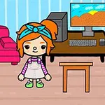 Một nhân vật hoạt hình tóc cam đứng trong phòng với máy tính, màn hình hiển thị cảnh hoàng hôn, cạnh ghế sofa màu hồng