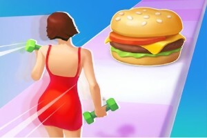 Người phụ nữ mặc váy đỏ cầm tạ đi trên đường với hình ảnh bánh hamburger lớn phía trước