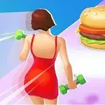 Người phụ nữ mặc váy đỏ cầm tạ đi trên đường với hình ảnh bánh hamburger lớn phía trước