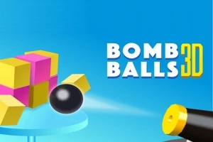 Một khẩu pháo đang bắn quả bóng đen về phía các khối vuông màu vàng và hồng với dòng chữ Bomb Balls 3D