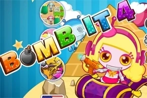Nhân vật hoạt hình tóc vàng với súng nước và chữ BOMB IT 4 đầy màu sắc trên nền xanh có kim tự tháp và các biểu tượng nhỏ tròn