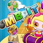 Nhân vật hoạt hình tóc vàng với súng nước và chữ BOMB IT 4 đầy màu sắc trên nền xanh có kim tự tháp và các biểu tượng nhỏ tròn