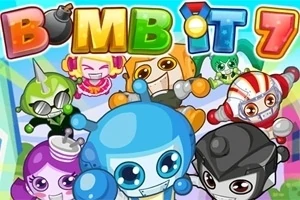 Hình ảnh gồm nhiều nhân vật hoạt hình vui nhộn với màu sắc tươi sáng, mỗi nhân vật có thiết kế độc đáo và đang cười, với tiêu đề BOMB IT 7 phía trên
