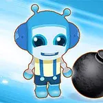Hình ảnh có nhân vật hoạt hình với bộ đồ màu xanh đứng cạnh một quả bom đang phát sáng, cùng số 8 màu đỏ ở góc trên bên phải