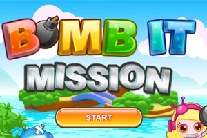 Tiêu đề đầy màu sắc với chữ BOMB IT MISSION trên nền phong cảnh thiên nhiên có núi và cây xanh, kèm nút START màu cam