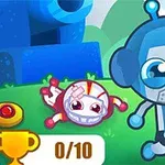 Hai nhân vật hoạt hình với ngoại hình robot đang đứng trên một nền đất xanh, với một nút bấm màu đỏ và biểu tượng chiếc cúp vàng ở góc dưới