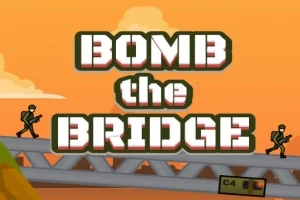 Nền trời màu cam với chữ lớn BOMB the BRIDGE, hai người lính đang đi bộ trên cây cầu cùng một khối thuốc nổ C4