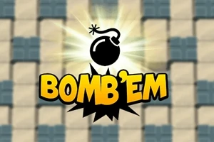 Hình ảnh có chữ BOMBEM với biểu tượng quả bom đen trên nền gạch vuông màu xanh và xám