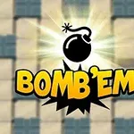 Hình ảnh có chữ BOMBEM với biểu tượng quả bom đen trên nền gạch vuông màu xanh và xám