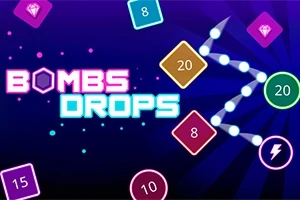 Nền màu tím đậm với chữ BOMBS và DROPS nổi bật, xung quanh là các khối hình nhiều màu sắc có số và biểu tượng năng lượng
