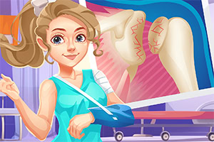 Một cô gái hoạt hình với cánh tay bị thương đứng trước hình ảnh X-quang của xương gãy
