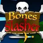 Hình ảnh có một biểu tượng đầu lâu xương chéo trên nền xanh tối, với chữ Bones Slasher và một thanh kiếm nằm bên dưới
