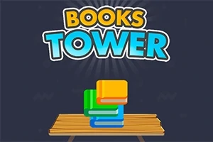 Tiêu đề Books Tower với hình ảnh chồng sách màu sắc trên bàn gỗ