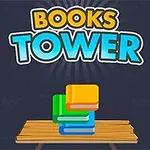 Tiêu đề Books Tower với hình ảnh chồng sách màu sắc trên bàn gỗ