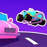 Hai chiếc xe hoạt hình, một màu hồng và một màu xanh lam, nổi trên nền màu tím với mặt đường cong màu đen