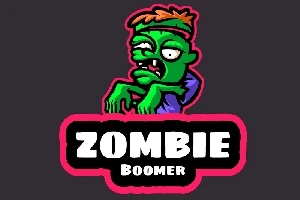 Hình ảnh một con zombie màu xanh lá cây với tóc màu cam và chữ Zombie Boomer trên nền đen