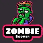 Hình ảnh một con zombie màu xanh lá cây với tóc màu cam và chữ Zombie Boomer trên nền đen