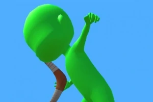 Một nhân vật 3D màu xanh lá cây cầm boomerang trên nền trời xanh