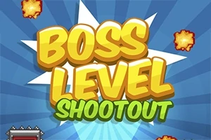 Dòng chữ Boss Level Shootout nổi bật giữa nền xanh với các vụ nổ nhỏ xung quanh