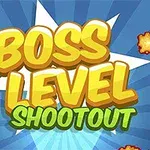 Dòng chữ Boss Level Shootout nổi bật giữa nền xanh với các vụ nổ nhỏ xung quanh