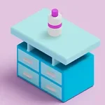 Tủ đựng đồ màu xanh với bốn ngăn kéo, bên trên là mặt bàn xanh dương nhạt, và một chai màu trắng có nắp màu tím