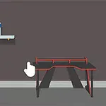 Bàn chơi game màu đen với viền đỏ, ghế chơi game màu đen viền đỏ, và chai nước trên kệ treo tường